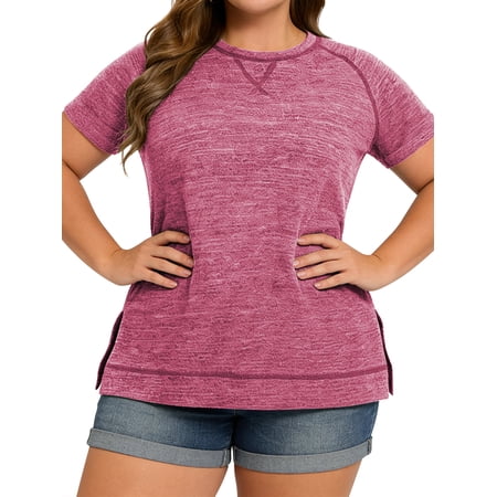LANREMON Plus Size Women Tunic Short Sleeve Solid Blouse Loose Fit Summer Crewneck Chic Tops Side Slit Cute Pink Blouse for Women 18 Plus
