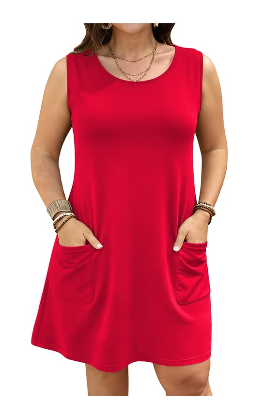 Plus Size Womens Dress Summer Scoop Neck Sleeveless Mini Dresses with Pockets Casual Loose Fit Sundresses 3XL