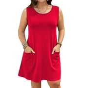 LANREMON Plus Size Womens Dress Summer Scoop Neck Sleeveless Mini Dresses with Pockets Casual Loose Fit Sundresses XL