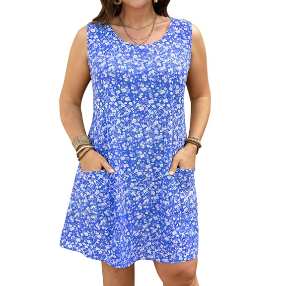 LANREMON Plus Size Womens Dresses Summer Scoop Neck Sleeveless Floral Print Beach Sundress with Pockets Mini Dresses 3XL