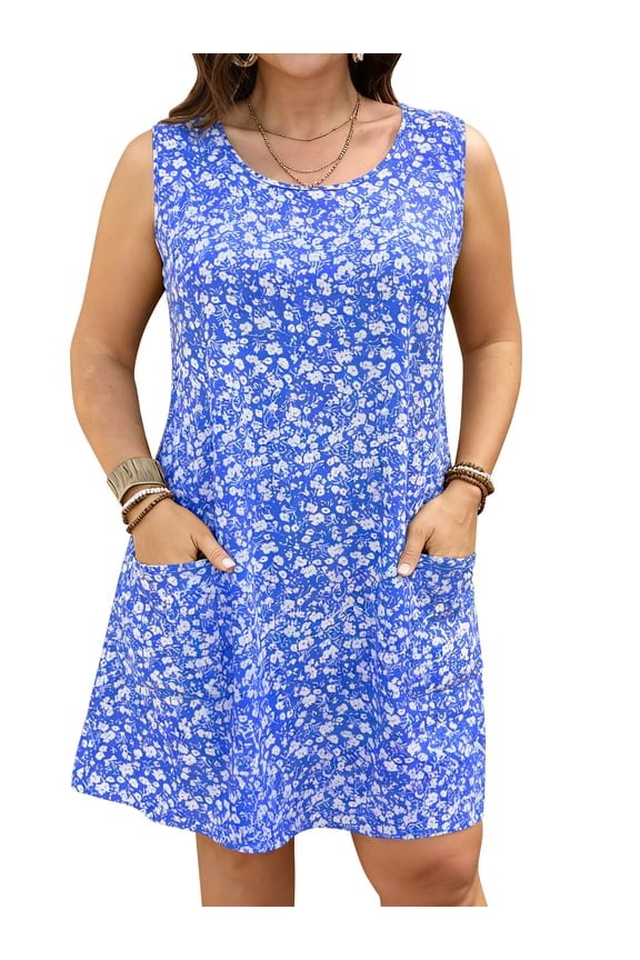 Plus Size Womens Dresses Summer Scoop Neck Sleeveless Floral Print Beach Sundress with Pockets Mini Dresses 4XL