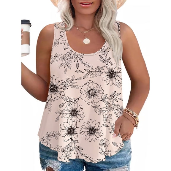 LANREMON Plus Size Womens Tank Top Summer Scoop Neck Sleeveless Tank Tops Casual Loose Fit Floral Print Camisoles 3XL