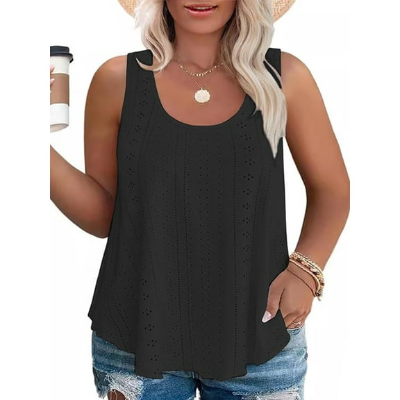 LANREMON Plus Size Womens Tank Top Summer Tunic Tank Tops for Women Black Eyelet Embrodery Scoop Neck Flowy Camisoles 4XL