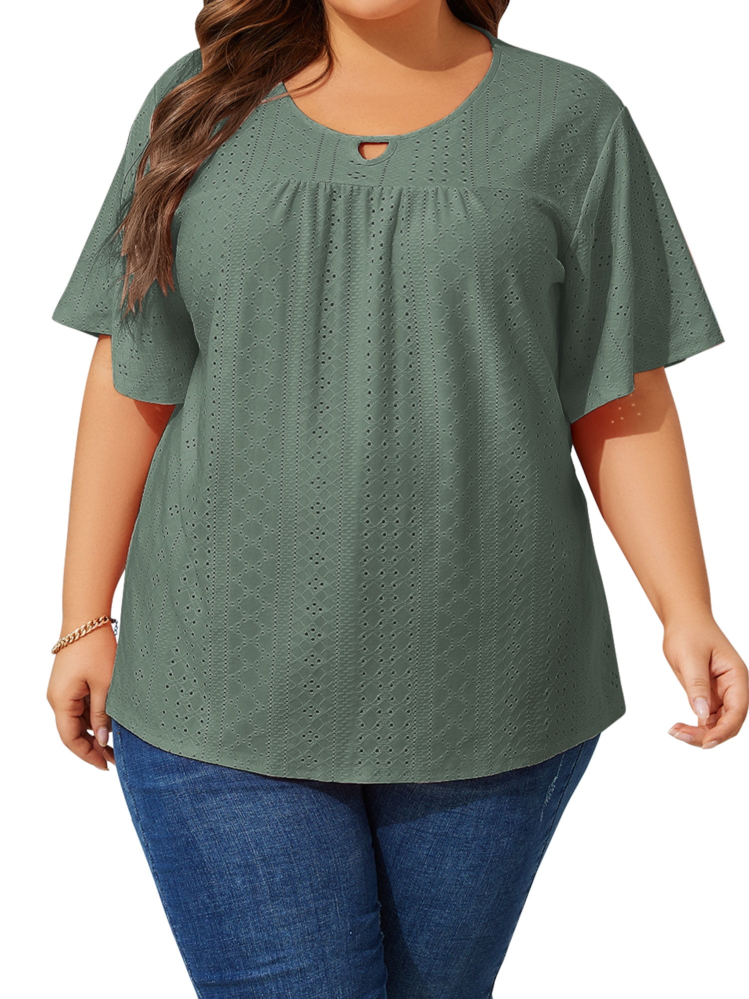 LANREMON Plus Size Womens Tops Summer T-shirts for Women Green Scoop ...