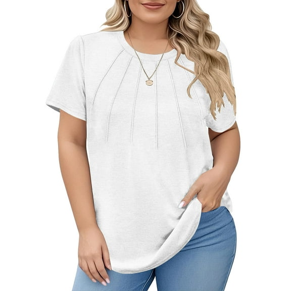 LANREMON Womens Plus Size Tunic Tops Summer Pleated Short Sleeve TShirts Crew Neck Loose Fit Solid Basic Tops 5XL