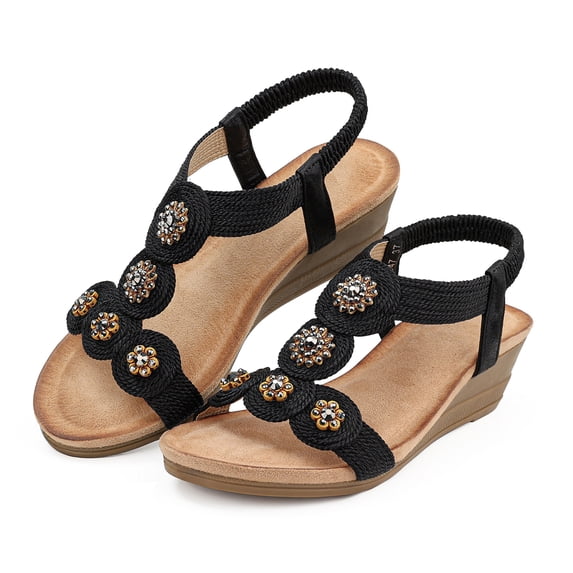 LANREMON Sandals for Women Summer Wedge Elastic Ankle Strap Sandals Open Toe Casual Bohemia Beach Shoes Black 8.5