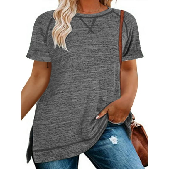 LANREMON Short Sleeve Tops for Women Plus Size Summer Summer Tee Casual Crew Neck Tshirts Side Split Darkgray Tunic Tops for Women 16 Plus