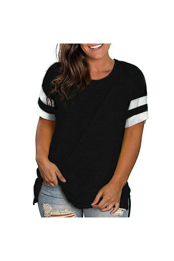 Summer Causal Cute Plus Size Tops for Women Crew Neck Striped Short Sleeve Oversized T Shirts Tunics Blouses Black 22 Plus