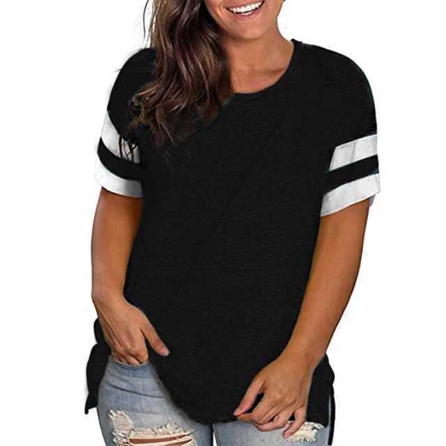 LANREMON Summer Causal Cute Plus Size Tops for Women Crew Neck Striped Short Sleeve Oversized T Shirts Tunics Blouses Black 22 Plus