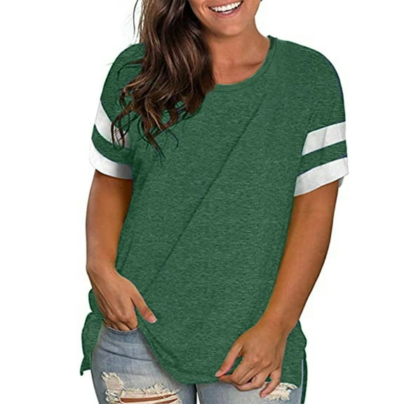 LANREMON Summer Causal Cute Plus Size Tops for Women Crew Neck Striped Short Sleeve Oversized T Shirts Tunics Blouses Green 24 Plus