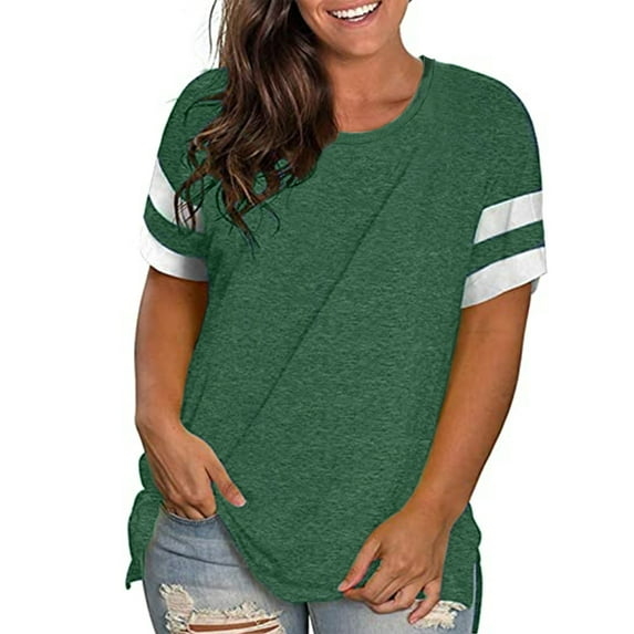 LANREMON Summer Causal Cute Plus Size Tops for Women Crew Neck Striped Short Sleeve Oversized T Shirts Tunics Blouses Green 26 Plus