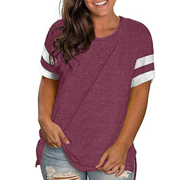 LANREMON Summer Causal Cute Plus Size Tops for Women Crew Neck Striped Short Sleeve Oversized T Shirts Tunics Blouses Wine Red 16 Plus