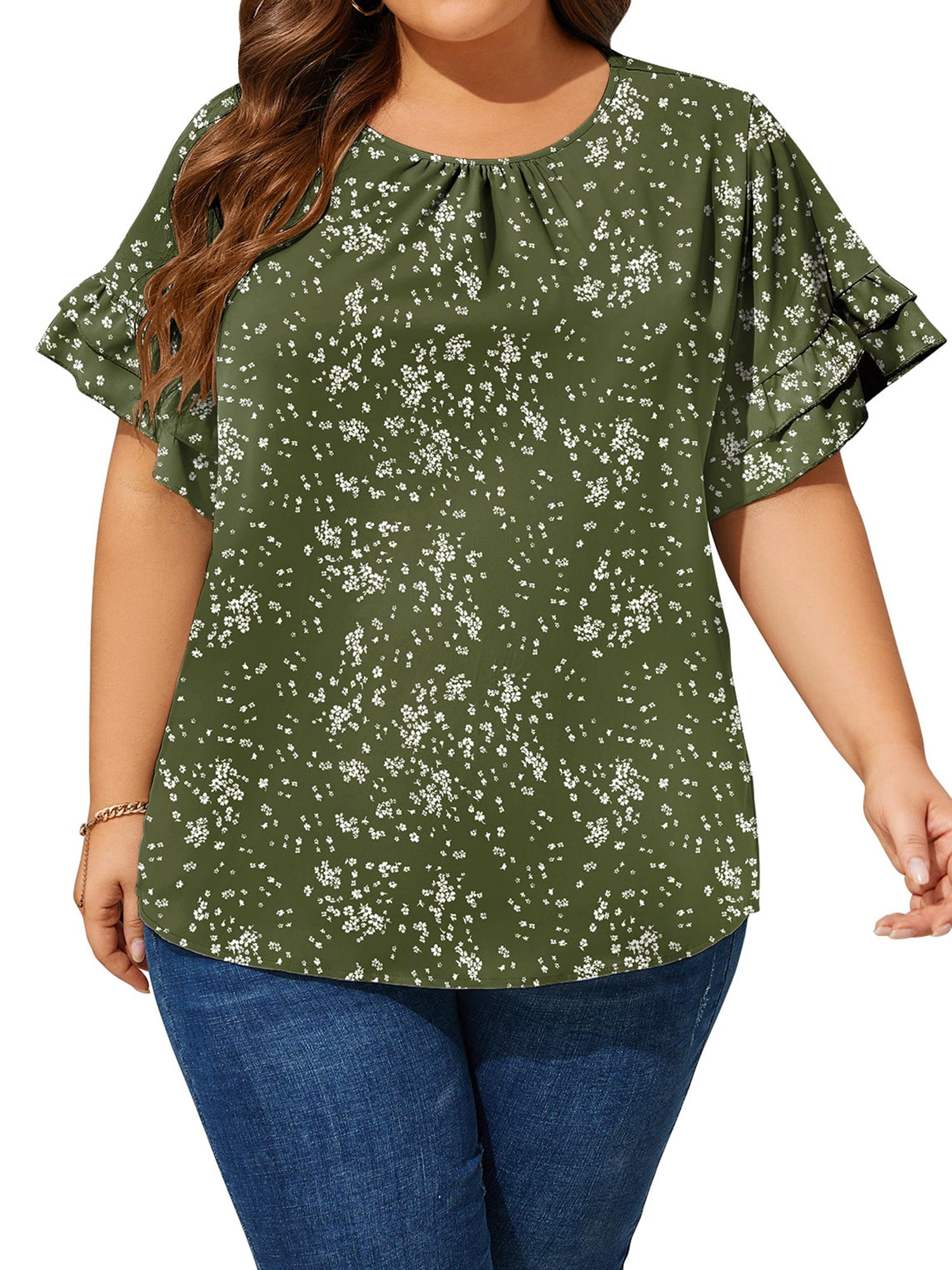 LANREMON Summer Short Sleeve Blouses for Women Plus Size Tops Casual ...