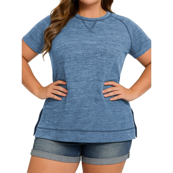 LANREMON Summer Short Sleeve Oversized Flowy T Shirts for Women Casual Cute Round Neck Side Split Plus Size Tunic Tops Blouse Blue 26 Plus