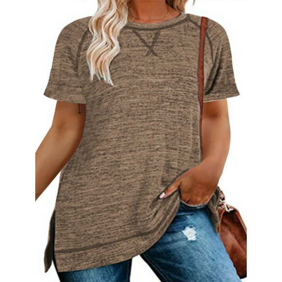 LANREMON Summer Short Sleeve T Shirts for Women Plus Size Tee Casual Crew Neck Tshirts Side Split Oversized Tunic Tops Coffee Blouse 18 Plus