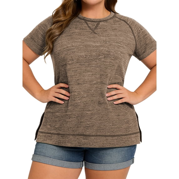 LANREMON Summer Short Sleeve T Shirts for Women Plus Size Tee Casual Crew Neck Tshirts Side Split Oversized Tunic Tops Coffee Blouse 18 Plus