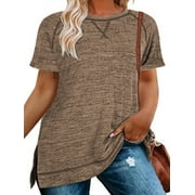 LANREMON Summer Short Sleeve T Shirts for Women Plus Size Tee Casual Crew Neck Tshirts Side Split Oversized Tunic Tops Coffee Blouse 22 Plus