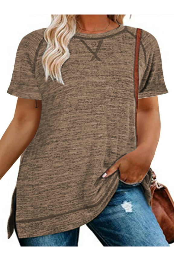 Summer Short Sleeve T Shirts for Women Plus Size Tee Casual Crew Neck Tshirts Side Split Oversized Tunic Tops Coffee Blouse 26 Plus