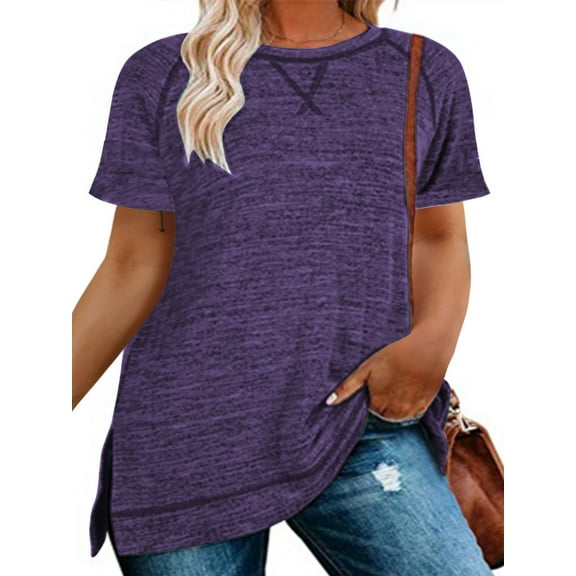 LANREMON Tunic Tops for Women Short Sleeve Oversized T Shirts Casual Round Neck Side Slit Plus Size Purple Tee Blouse for Women Size 18 Plus