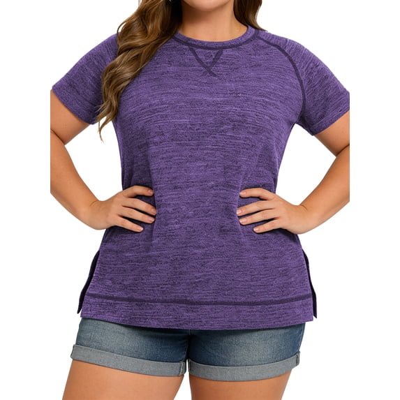 LANREMON Tunic Tops for Women Short Sleeve Oversized T Shirts Casual Round Neck Side Slit Plus Size Purple Tee Blouse for Women Size 22 Plus