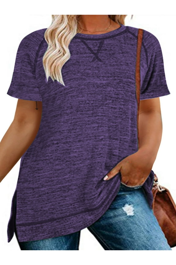 Tunic Tops for Women Short Sleeve Oversized T Shirts Casual Round Neck Side Slit Plus Size Purple Tee Blouse for Women Size 24 Plus