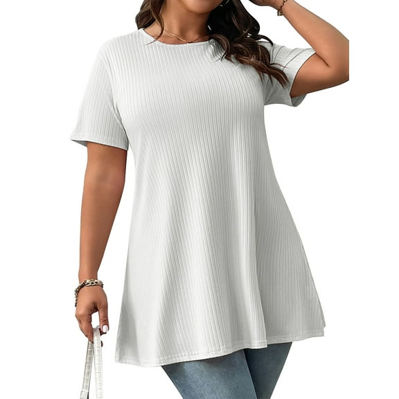 LANREMON Tunic Tops for Women Summer Short Sleeve Oversized Blouses Casual Loose Fit Round Neck Plus Size Tee Shirts XL
