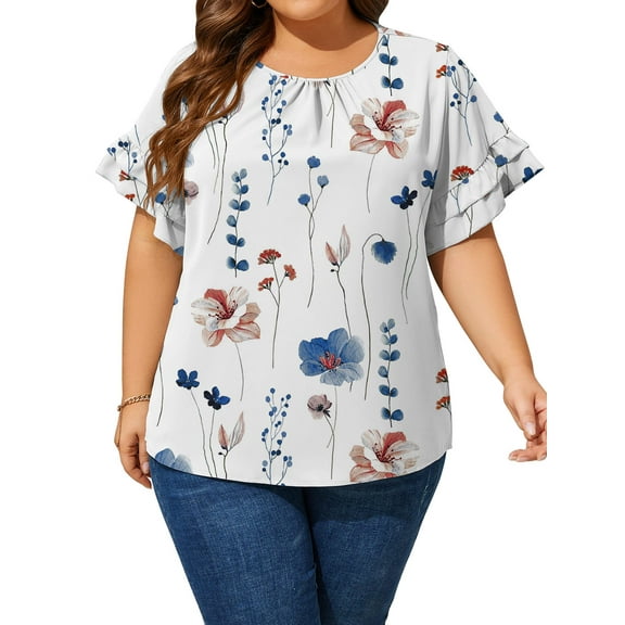 LANREMON Women Plus Size Tops Summer T Shirts Short Sleeve Tunic for Women Casual Crew Neck Blouses Oversized Loose Shirts Size XL