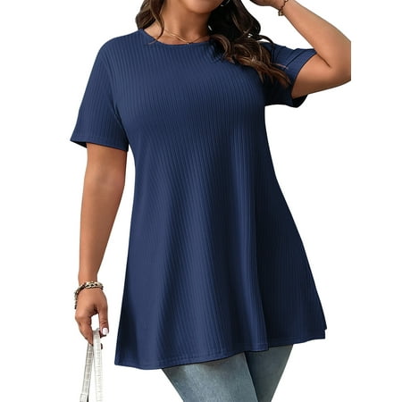 LANREMON Women Plus Tops Summer Short Sleeves Tunic Tops for Women Casual Crew Neck Blouses Loose Oversized T Shirts 4XL