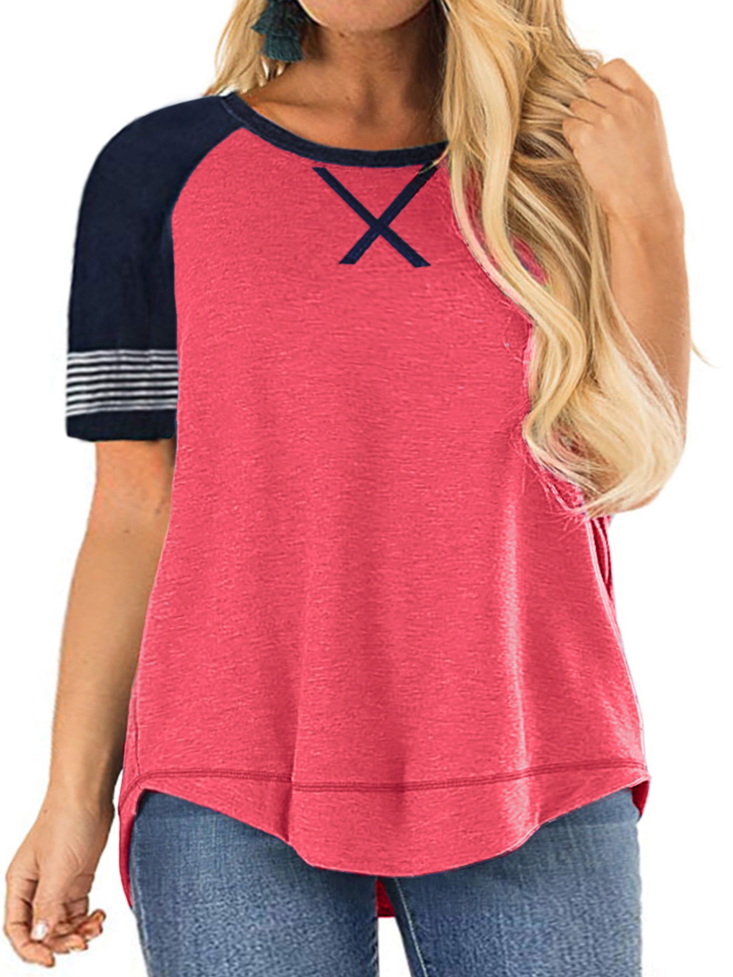 LANREMON Women Plus Size tops Summer t shirts Tunic for Women Crew Neck Short Sleeve Flowy Oversized T Shirts Blouse Pink 24 Plus