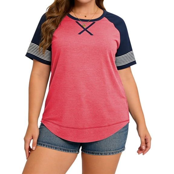 LANREMON Women Plus Size tops Summer t shirts Tunic for Women Crew Neck Short Sleeve Flowy Oversized T Shirts Clothes Pink 26 Plus