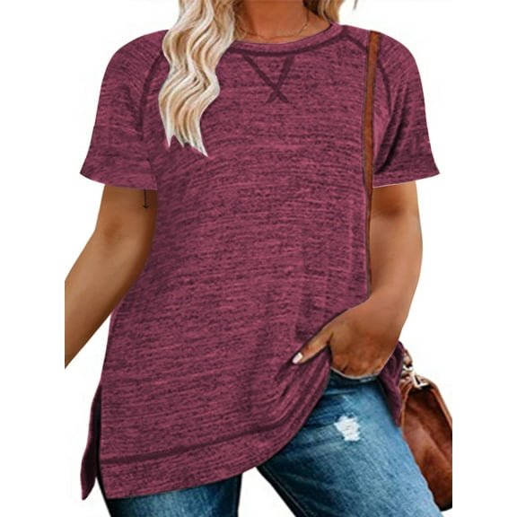 LANREMON Women Shirts Summer Plus Size Short Sleeve Tops Casual Loose Oversize T-shirts Side Split Redwine Tunic Top for Women Size 22 Plus