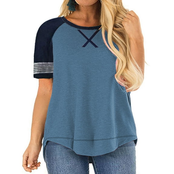 LANREMON Women Tops Plus Size Color Block Loose Summer Short Sleeve T Shirts Casual Crewneck Skyblue Baseball Tee Blouses Size 18 Plus