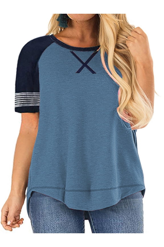 Women Tops Plus Size Color Block Loose Summer Short Sleeve T Shirts Casual Crewneck Skyblue Baseball Tee Blouses Size 18 Plus