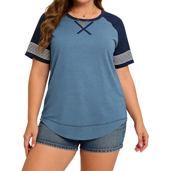 LANREMON Women Tops Plus Size Color Block Loose Summer Short Sleeve T Shirts Casual Crewneck Skyblue Baseball Tee Blouses Size 22 Plus