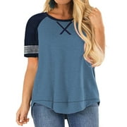 LANREMON Women Tops Plus Size Color Block Loose Summer Short Sleeve T Shirts Casual Crewneck Skyblue Baseball Tee Blouses Size 24 Plus