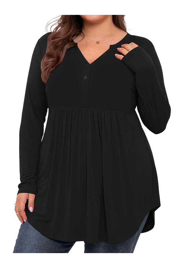 Women's Plus Size Henley Shirts V Neck Button Tunic Tops Casual Long Sleeve Swing Flowy Blouse