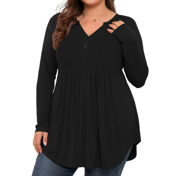LANREMON Women's Plus Size Henley Shirts V Neck Button Tunic Tops Casual Long Sleeve Swing Flowy Blouse