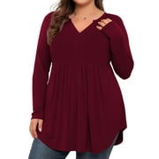 LANREMON Women's Plus Size Henley Shirts V Neck Button Tunic Tops Casual Long Sleeve Swing Flowy Blouse