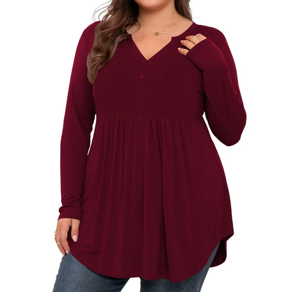 LANREMON Women's Plus Size Henley Shirts V Neck Button Tunic Tops Casual Long Sleeve Swing Flowy Blouse