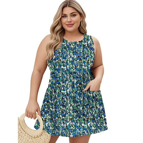 LANREMON Womens Dress Plus Size Summer Dresses Blueleaf Scoop Neck Sleeveless Sundresses Beach Vacation Dresses with Pockets 4XL