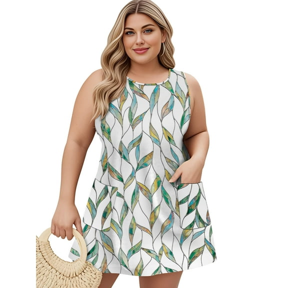 LANREMON Womens Dress Summer Plus Size Beach Dress Whiteleaf Bohemian Floral Dress with Pockets Scoop Neck Sleeveless Dresses 4XL