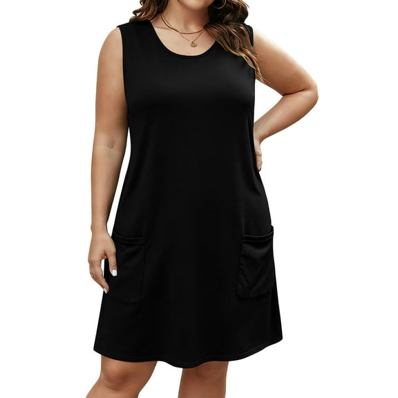 LANREMON Womens Dress Summer Plus Size Sundresses for Women Black Scoop Neck Loose Fit Sleeveless Dresses with Pockets 4XL