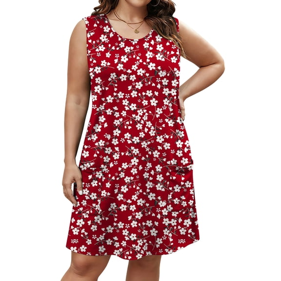 LANREMON Womens Dresses Plus Size Summer Beach Sundresses Scoop Neck Sleeveless Floral Print Mini Dresses with Pockets XL