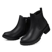 LANREMON Womens Jasmine Round Toe Chelsea Woman Leather Ankle Boots Fall Boots for Women Low Heel Black Shoes