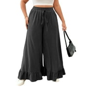 LANREMON Womens Pants Plus Size Wide Leg Fall Casual Pants for Women Comfort Soft Lounge Pant with Pocket Dark Grey Loose Drawstring Flowy Pants 2XL