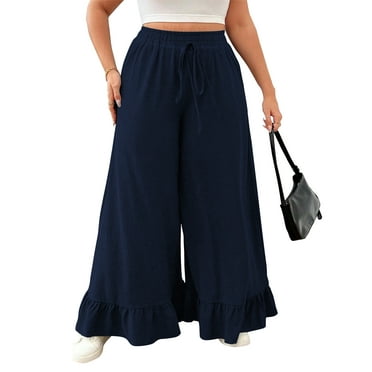 LANREMON Womens Pants Plus Size Wide Leg Summer Casual Pants for Women Comfort Soft Dark Blue Lounge Pant with Pocket Loose Drawstring Flowy Pants XL