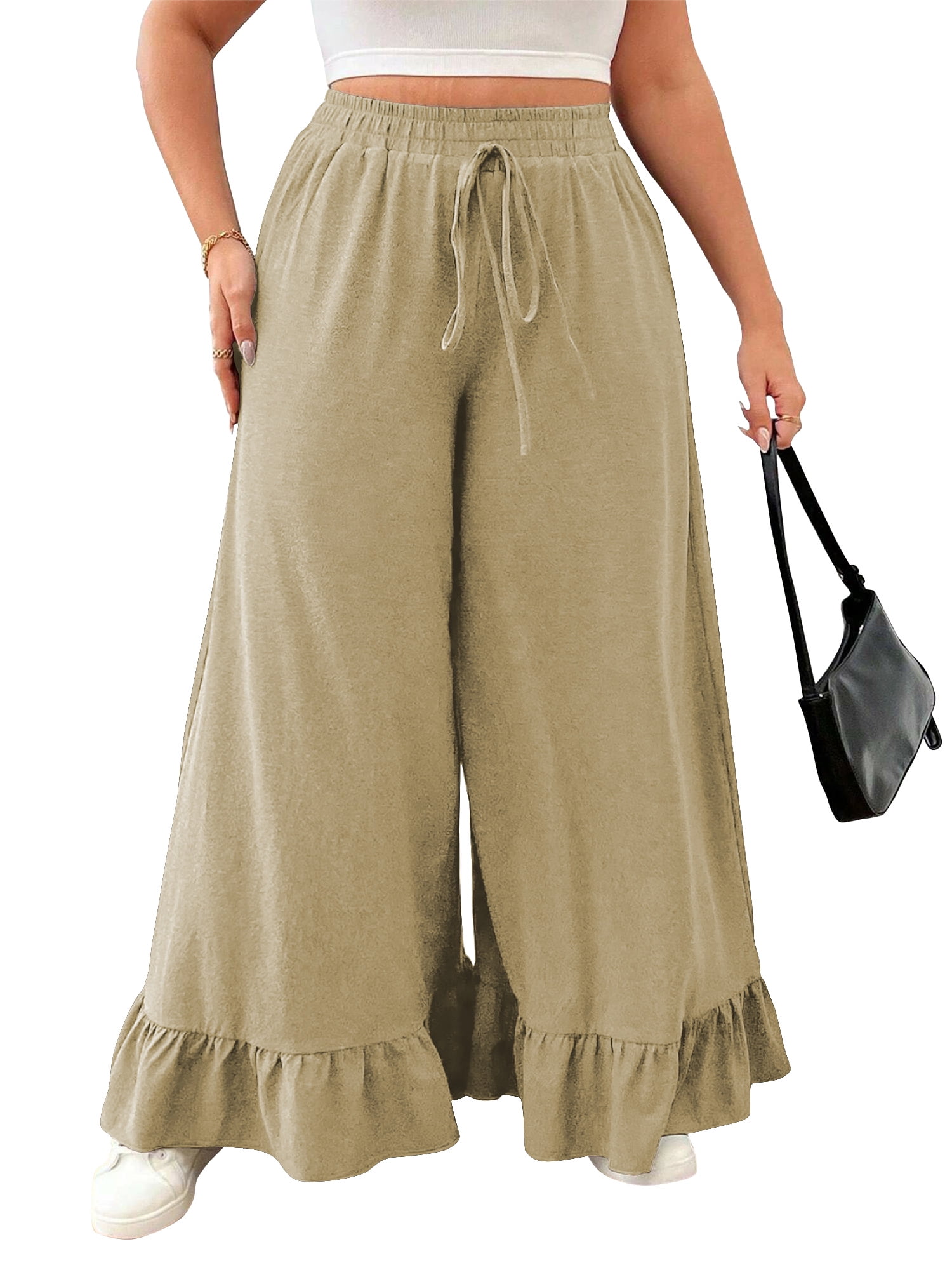 LANREMON Womens Pants Plus Size Wide Leg Fall Casual Pants for Women Palazzo Drawstring Loose Comfy Khaki Pant Lounge Work Pants with Pocket 2XL