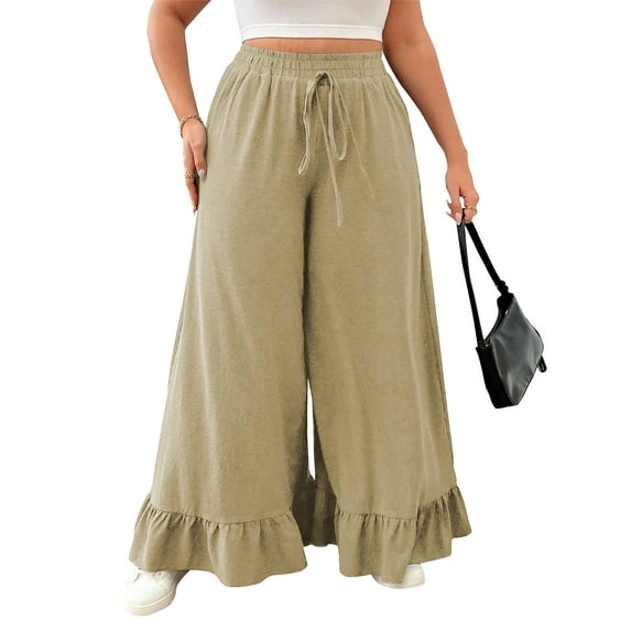 LANREMON Womens Pants Plus Size Wide Leg Fall Casual Pants for Women Palazzo Drawstring Loose Comfy Khaki Pant Lounge Work Pants with Pocket 4XL