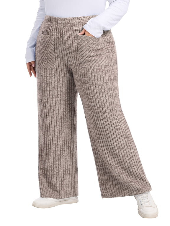 Womens Plus Size Ribbed Loose Wide Leg Pants with Pockets Casual Lounge Pants High Waisted Palazzo Trousers