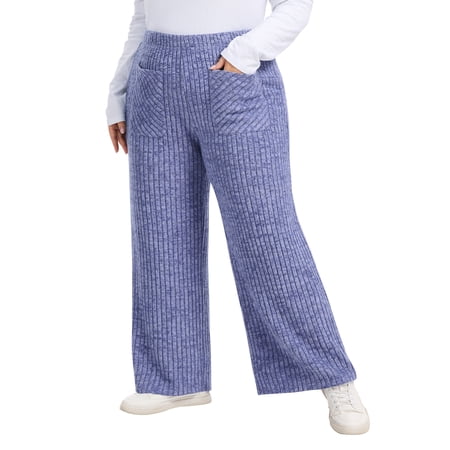LANREMON Womens Plus Size Ribbed Loose Wide Leg Pants with Pockets Casual Lounge Pants High Waisted Palazzo Trousers
